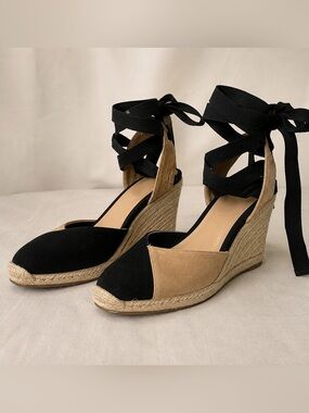 Zara Black and Tan Suede Preppy Espadrille Wedge Sandals with Wrap Ankle Ties